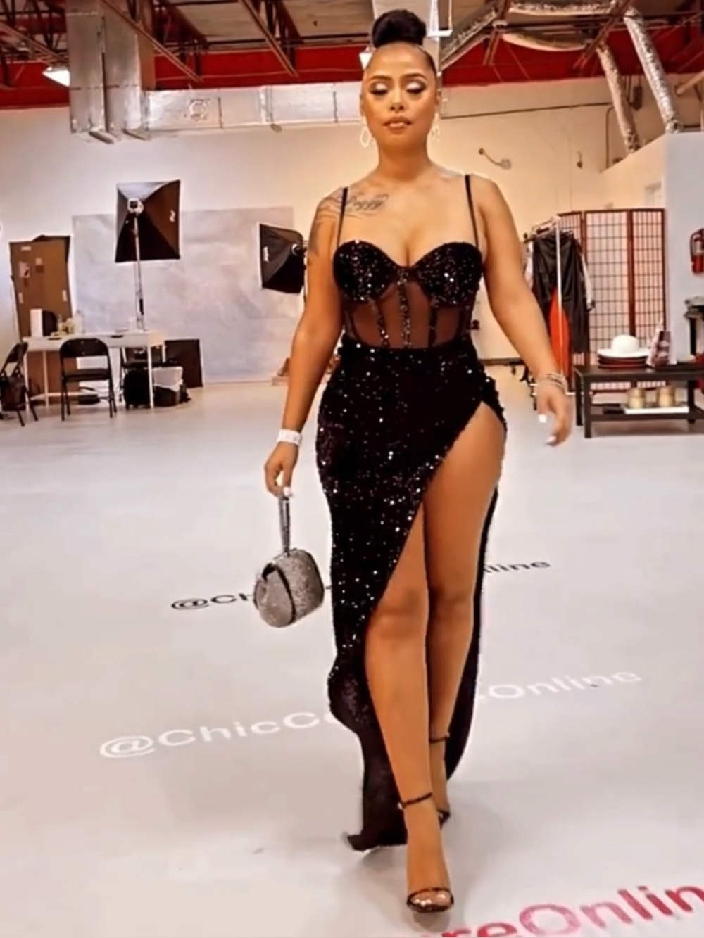 Sequin Mesh Corset High-Slit Evening Dress - Black Only - Picture 2 of 3